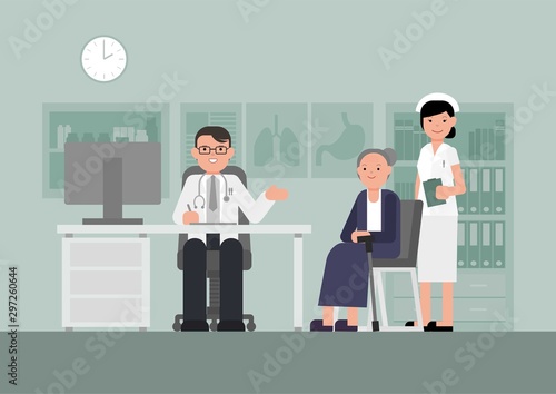 Doctor and patient in flat style. Practitioner doctor man and old woman patient. Consultation and diagnosis. Medicine concept.