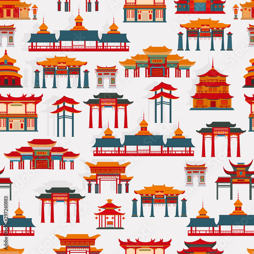 Seamless vector pattern with black and white Chinese traditional buildings on a  white background