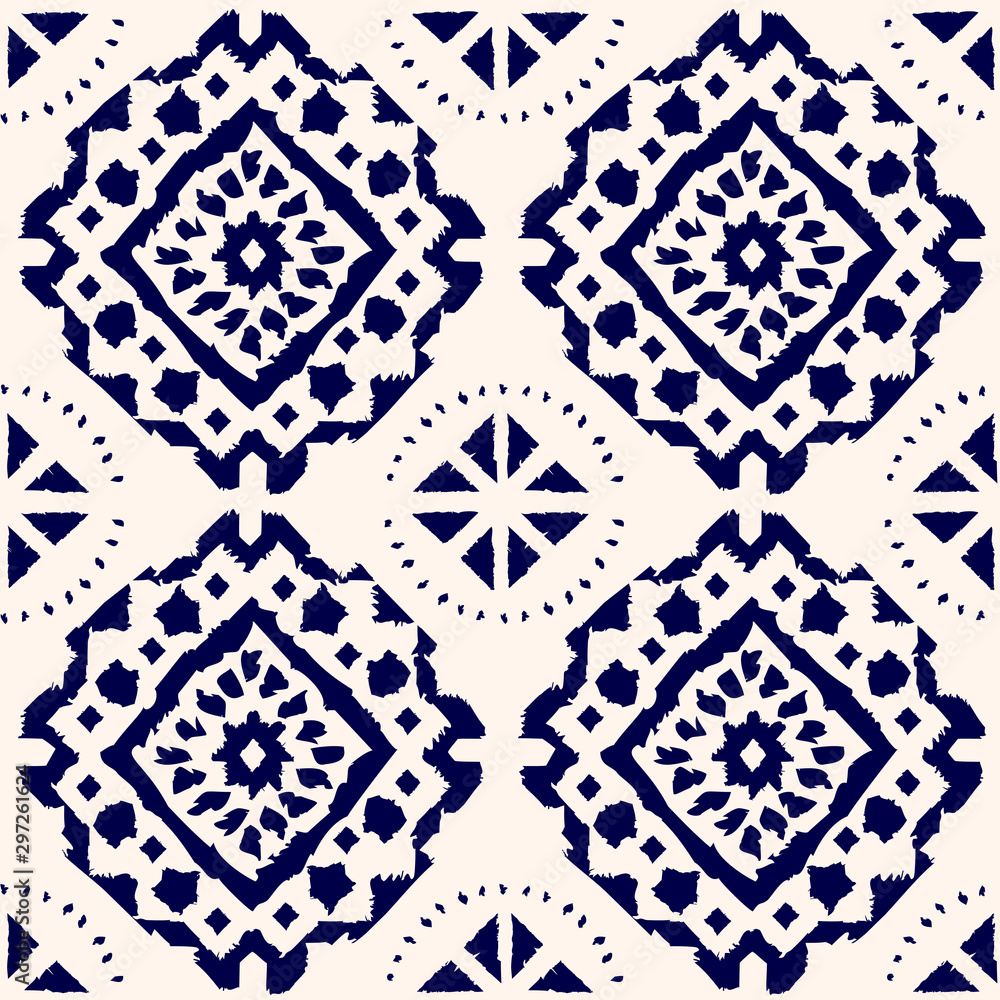 Fototapeta premium Abstract indigo shibori seamless vector pattern with ikat print of mosaic