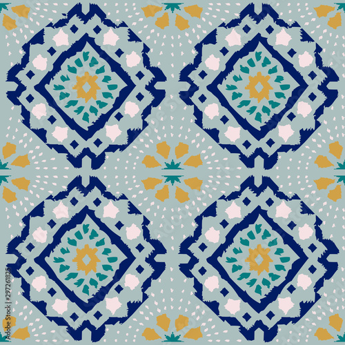 Geometric folk seamless vector pattern with ikat ethnic print of striped ornament