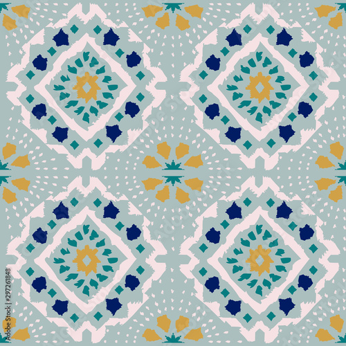 Geometric folk seamless vector pattern with ikat ethnic print of striped ornament