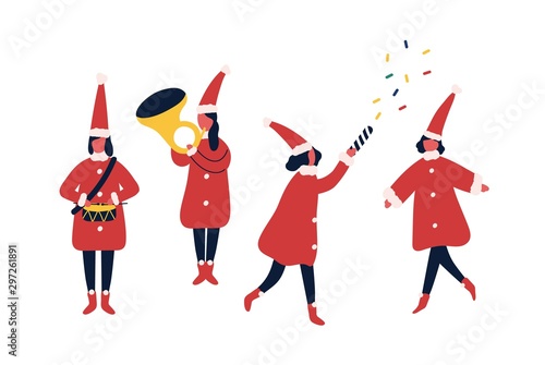 Christmas fair performers flat vector illustrations set. Winter holiday party, carnival participants in festive elf costumes. Orchestra musicians. People celebrate New Year cartoon characters.