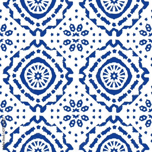 Abstract indigo shibori seamless vector pattern with ikat print of mosaic