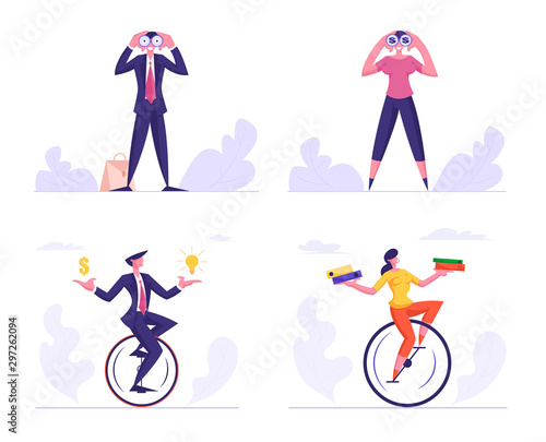 Set of Businesspeople. Business Man and Woman Watching to Binoculars, Riding Monowheel with Folders Files, Dollar and Lightbulb in Hands. Business Vision, Challenge. Cartoon Flat Vector Illustration