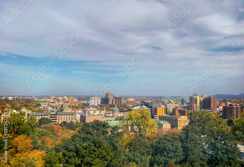 Aerial view of Montreal downtown with orange trees in autumn in Quebec  Canada