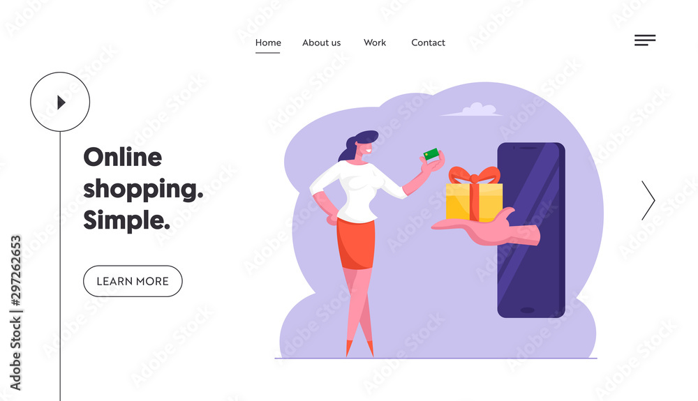 Online Bonus Prize, Gambling Website Landing Page. Huge Hand from Smartphone Screen Stretch Gift Box to Woman with Credit Card in Hand. Loyalty Program Web Page Banner Cartoon Flat Vector Illustration