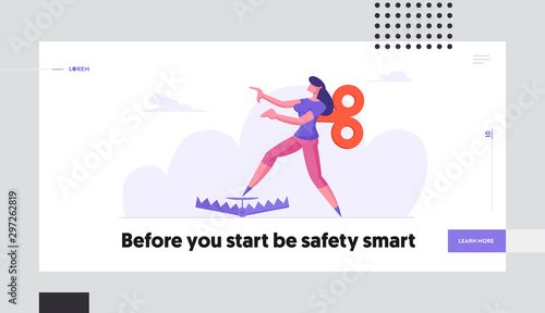 Risk Management and Business Manipulation Concept Website Landing Page. Harebrained Businesswoman with Clockwork Key on Back Step into Trap on Ground Web Page Banner. Cartoon Flat Vector Illustration