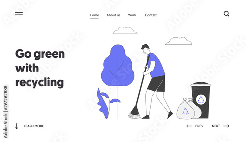 Ecology Protection Website Landing Page. Man Volunteer Sweeping Ground in Park Collecting Trash into Bags and Litter Bin with Recycling Sign Web Page Banner. Cartoon Flat Vector Illustration, Line Art