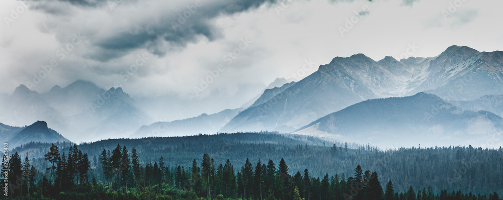 Mountain peaks in clouds and fog. Tatra Mountains, Poland.