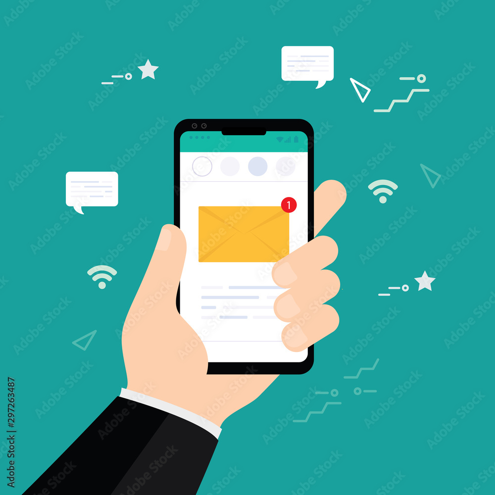 Bussniess man holding smartphone with email symbol on the blank screen. New message on the smartphone screen concept. Bussniess man holding smartphone with email symbol on the blank screen. New message on the smartphone screen concept.