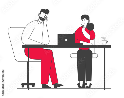 Creative Couple of Colleagues Teamwork, Brainstorming Working Process in Office. Business People Characters Team Communicating at Office Workplace for Solving Problem. Cartoon Flat Vector Illustration