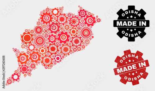 Mosaic technical Odisha State map and grunge seal. Vector geographic abstraction in red colors. Mosaic of Odisha State map combined of scattered cog elements. Red colored model for technical,
