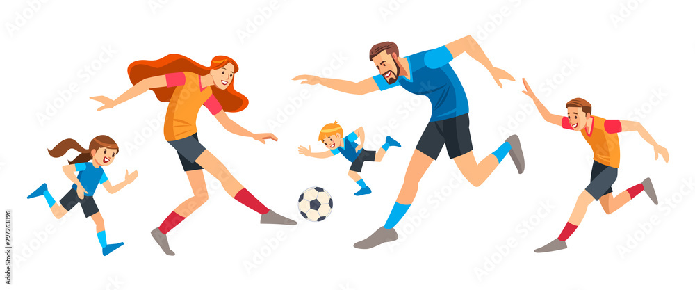 Happy family Playing Soccer together. Concept Parenthood child-rearing. Cartoon isolated vector illustration.