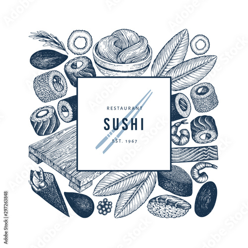 Japanese cuisine banner template. Sushi hand drawn vector illustrations. Retro style asian food background.