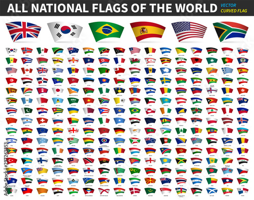 All national flags of the world . Curved design . White isolated background . Elements vector .