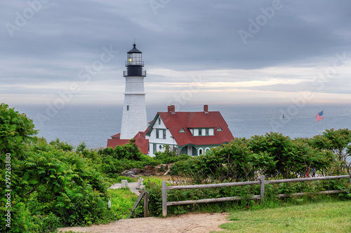 Portland Head Lighthouse at morning dramatic sky in Cape Elizabeth  Maine  USA.