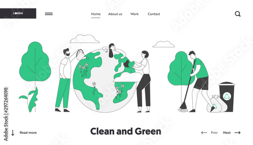 Save Our Planet Website Landing Page. People Prepare for Day of Earth Care of Plants, Sweeping Ground, Clean Trash to Recycling Litter Bins Web Page Banner. Cartoon Flat Vector Illustration, Line Art