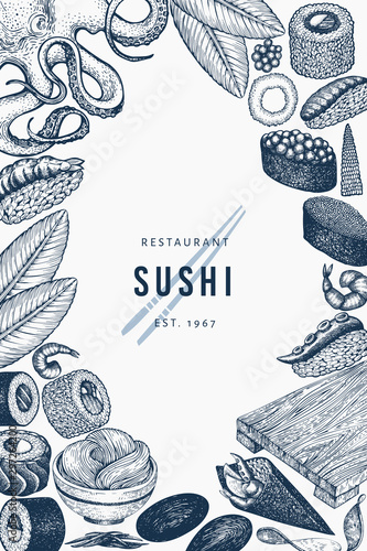 Japanese cuisine banner template. Sushi hand drawn vector illustrations. Retro style asian food background.