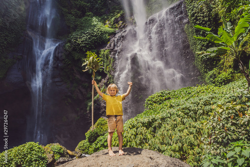 Cute boy depicts the king of the jungle against the backdrop of a waterfall. Childhood without gadgets concept. Traveling with children concept. Childhood outdoors concept
