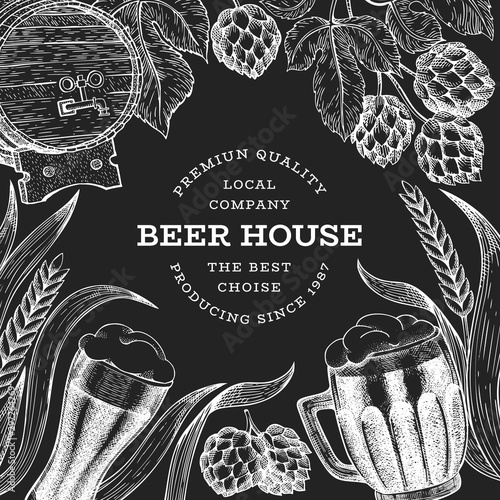 Beer glass mug and hop design template. Hand drawn vector pub beverage illustration on chalk board. Engraved style. Retro brewery illustration.
