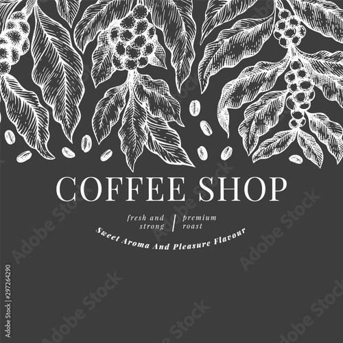 Coffee vector design template. Vintage coffee background. Hand drawn engraved style illustration on chalk board.