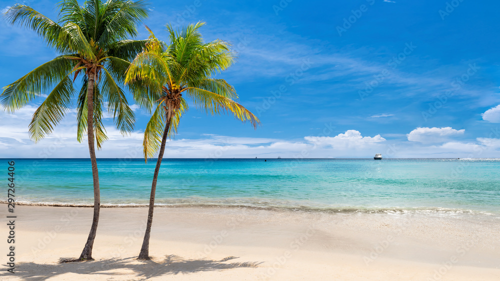 Tropical sunny beach with coco palms and the turquoise sea on Jamaica Caribbean island. - obrazy, fototapety, plakaty 