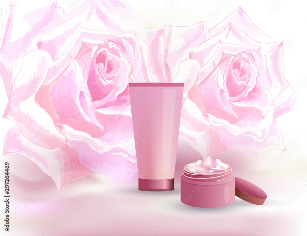 Tube and jar with cream on the background of watercolor images of pink roses. Can be used to advertise cosmetics. Tube and jar with cream on the background of watercolor images of pink roses. Can be used to advertise cosmetics.