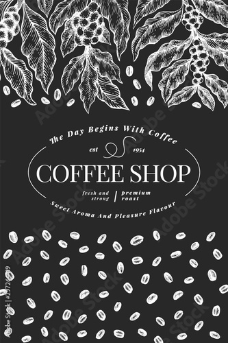 Coffee vector design template. Vintage coffee background. Hand drawn engraved style illustration on chalk board.