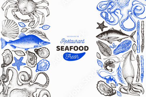Seafood and fish design template. Hand drawn vector illustration. Food banner. Can be used for design menu, packaging, recipes, label, fish market, seafood products.