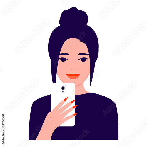 Beautiful young woman with mobile phone, front view. Girl makes selfie. Photographing, reading, chatting. Smartphone and internet addiction. Vector flat illustration on white background