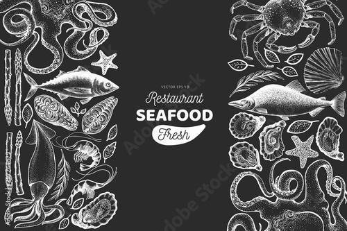 Seafood and fish design template. Hand drawn vector illustration on chalk board. Food banner. Can be used for design menu, packaging, recipes, label, fish market, seafood products.