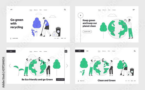 Ecological Issues, Nature Garbage Pollution and Protection Website Landing Page Set. People Care of Planet, Earth Day Holiday Celebration Web Page Banner. Cartoon Flat Vector Illustration, Line Art