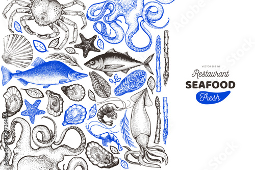Seafood and fish design template. Hand drawn vector illustration. Food banner. Can be used for design menu, packaging, recipes, label, fish market, seafood products.