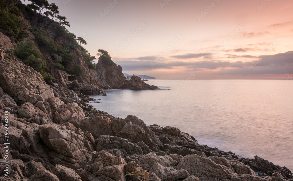Sunrise on the beach of Blanes in the heart of Costa Brava in Spain.