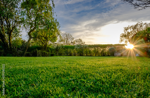 Sunset view of a large, well maintained large garden seen in early summer, showing the distant sun about to set, producing a warm light just before dusk. The grass has recently been cut. photo