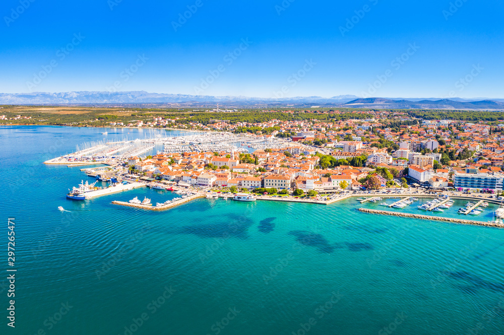 Croatia, town of Biograd on the Adriatic sea, aerial view of marina and historic town center from drone