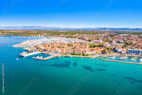 Croatia, town of Biograd on the Adriatic sea, aerial view of marina and historic town center from drone
