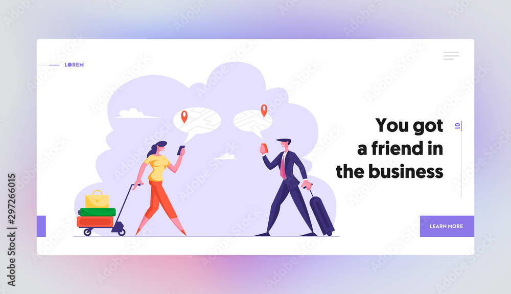 Navigation with Mobile App Website Landing Page. Man and Woman with Luggage Using Online Map and Gps Application on Smart Phone Searching Correct Way Web Page Banner. Cartoon Flat Vector Illustration