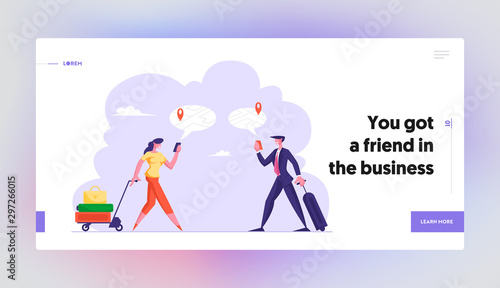 Navigation with Mobile App Website Landing Page. Man and Woman with Luggage Using Online Map and Gps Application on Smart Phone Searching Correct Way Web Page Banner. Cartoon Flat Vector Illustration