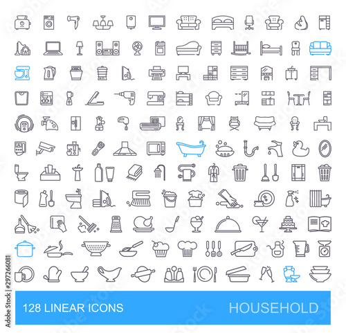 Vector icons on furniture, kitchen, cleaning, household appliances and equipment. 128 linear household icons.