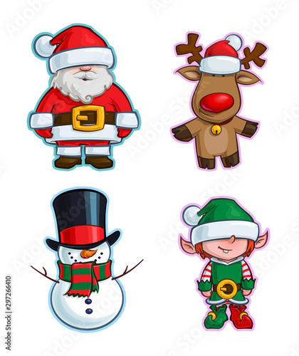 Christmas Cartoon Icon Set - Santa Claus Red-Nose Reindeer Snowman Elf