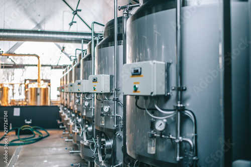 Obraz na płótnie Craft beer brewing equipment in brewery! Metal tanks, alcoholic drink production