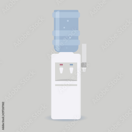 Floor water cooler with glass holder for office and home. Plastic bottle. Water dispenser with blue full bottle, as well hot and cold water taps. Isolated on grey background.Vector illustration