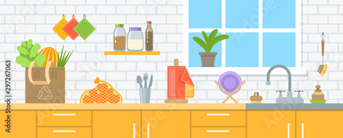 Zero waste eco friendly kitchen interior illustration. Flat vector banner. Reusable shopping bag with vegetables, mesh bag with fruits, cotton towel, glass jars with groats, green plant on windowsill