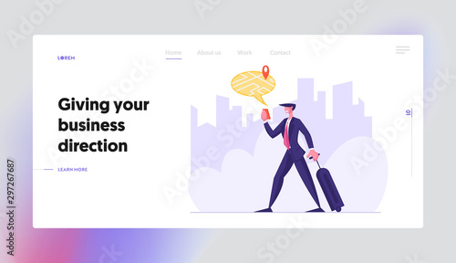 Mobile Gps Navigation Cellphone Application Website Landing Page. Businessman with Baggage Finding Right Place on Device Map for Travel or Tourism Web Page Banner. Cartoon Flat Vector Illustration
