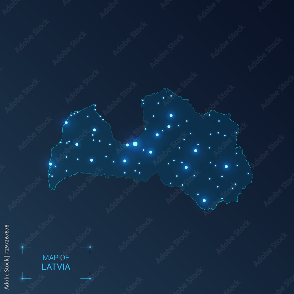 Latvia map with cities. Luminous dots - neon lights on dark background. Vector illustration.