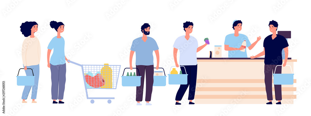 Shopping queue. People with shopping card waiting in line buy product in grocery store at counter. Shopper crowd cartoon vector set. Illustration queue shop, supermarket customer and cashier