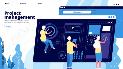 Project management landing. Tiny guys manage charts on dashboard, people projecting software. Teamwork brainstorming vector concept. Project software, teamwork management and development illustration