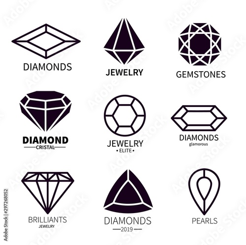 Diamond logos. Jewels diamonds gems, jewelry diamantes luxury jewel gemstones and brilliant. Crystal jewellery gems vector emblems. Illustration jewelry diamond company, business luxury gemstone