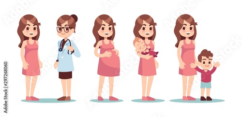 Happy single mother. In vitro fertilization IVF vector concept. Doctor, pregnant woman and baby. Doctor and woman pregnant, fetus and baby care illustration